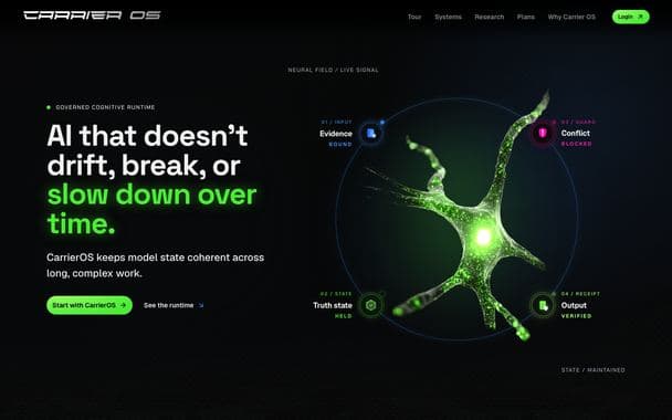 CarrierOS homepage: AI that doesn't drift, break, or slow down over time