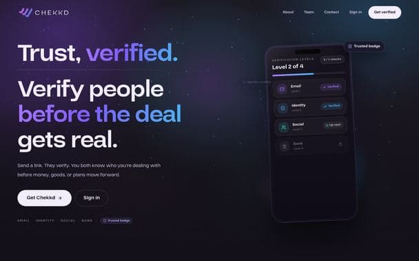 Chekkd homepage: Trust, verified. Verify people before the deal gets real.