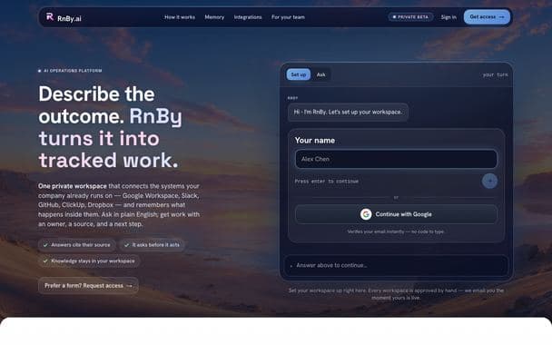 RnBy homepage: Describe the outcome. RnBy turns it into tracked work.